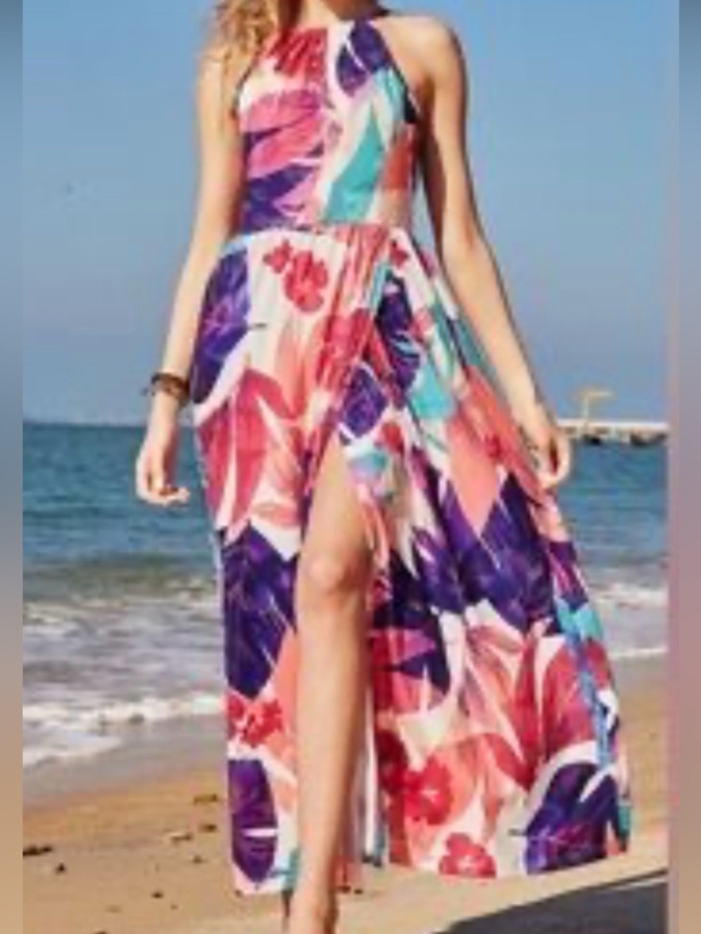 maxi dress  tropical floral print medium halter pink, purple, and blue NEW